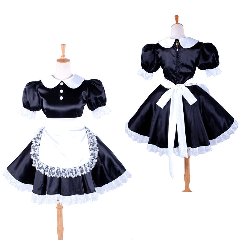Custom made black satin maid dress with white lace trim and bow, featuring puffed sleeves and apron