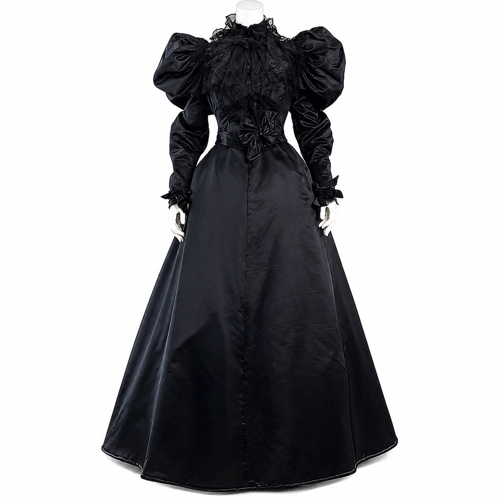 Black Victorian gothic sissy maid satin dress with puff sleeves and lace details
