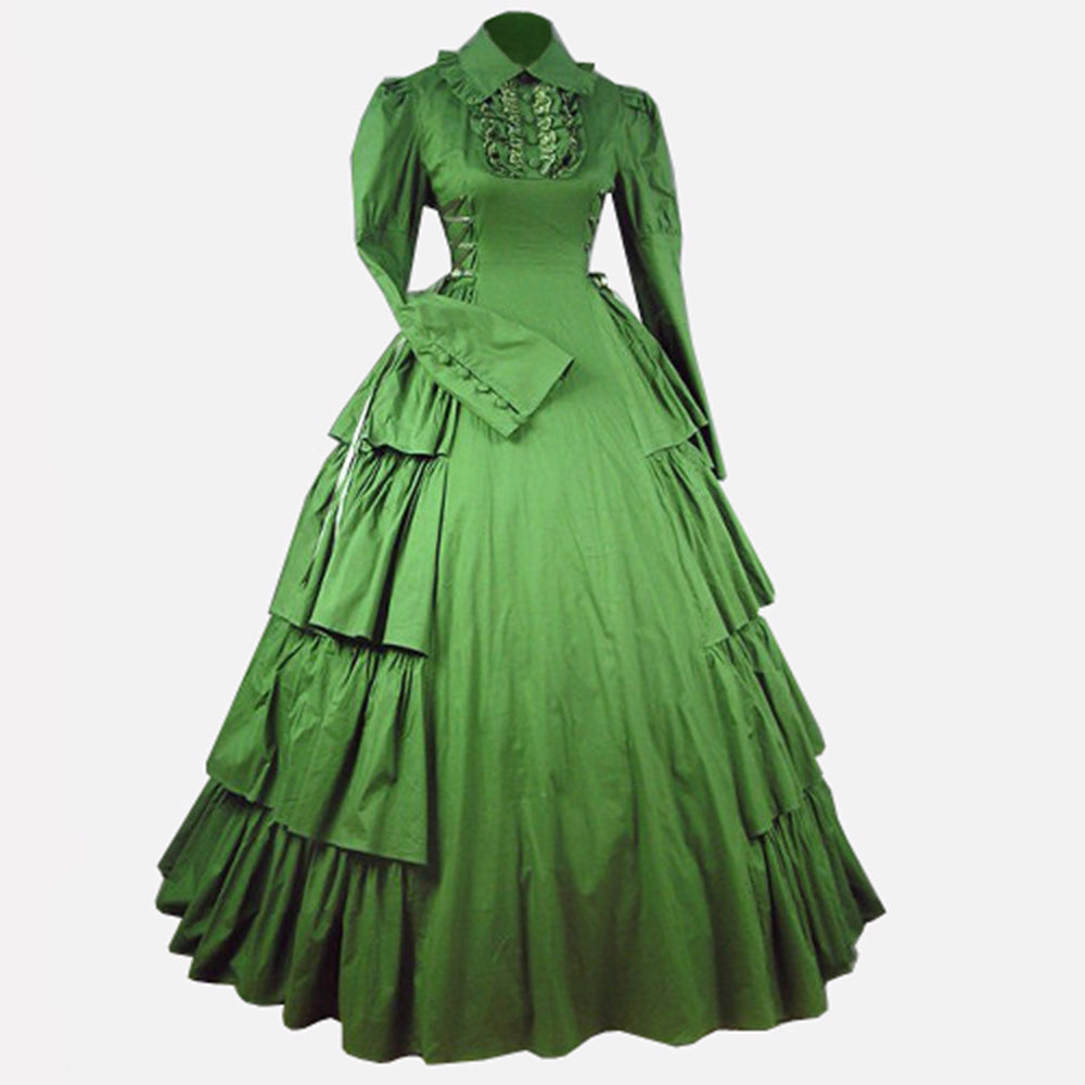 Custom made green sissy maid dress front view with Victorian style collar, puff sleeves, fitted waist and multi-layered full skirt