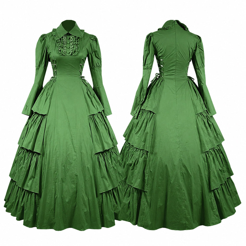 Green Victorian sissy maid dress front and back view with long sleeves, lace collar, fitted bodice, layered ruffle skirt and custom made design