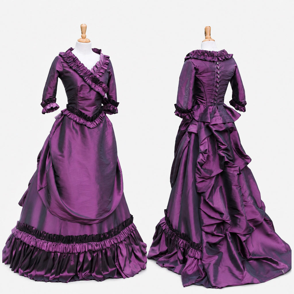 Purple satin Victorian sissy maid dress front and back view with ruffle trim, corset bodice, apron panel, long sleeves and dramatic full skirt custom made