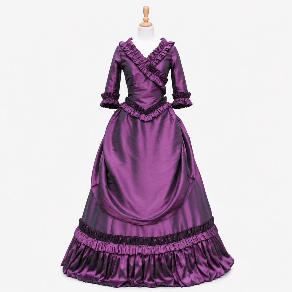 Custom made purple satin sissy maid dress with Victorian gothic style, ruffled neckline, fitted bodice and layered skirt front view
