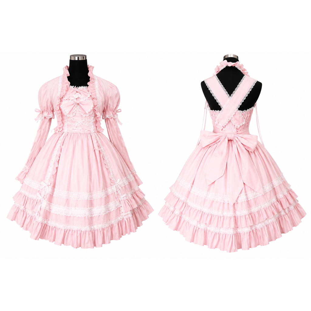 Pink cotton Lolita sissy maid dress with lace ruffles puff sleeves and bow custom made CK1283