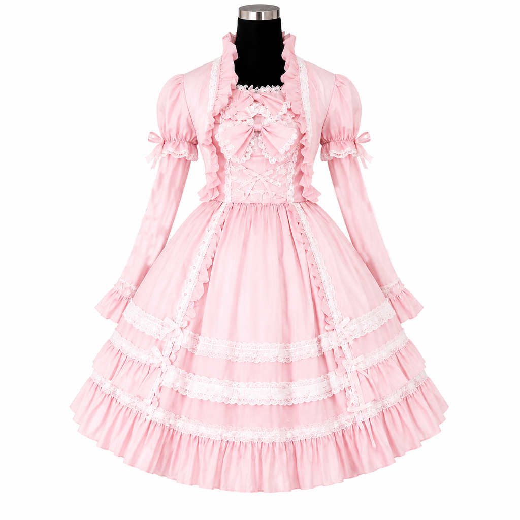 Pink cotton Lolita sissy maid dress with lace ruffles puff sleeves and bow custom made CK1283-1