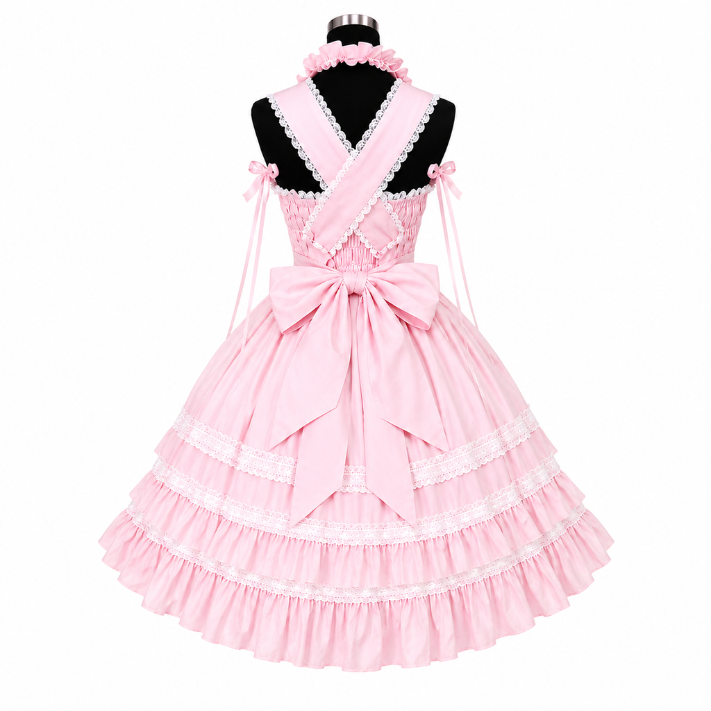 Pink cotton Lolita sissy maid dress with lace ruffles puff sleeves and bow custom made CK1283-2