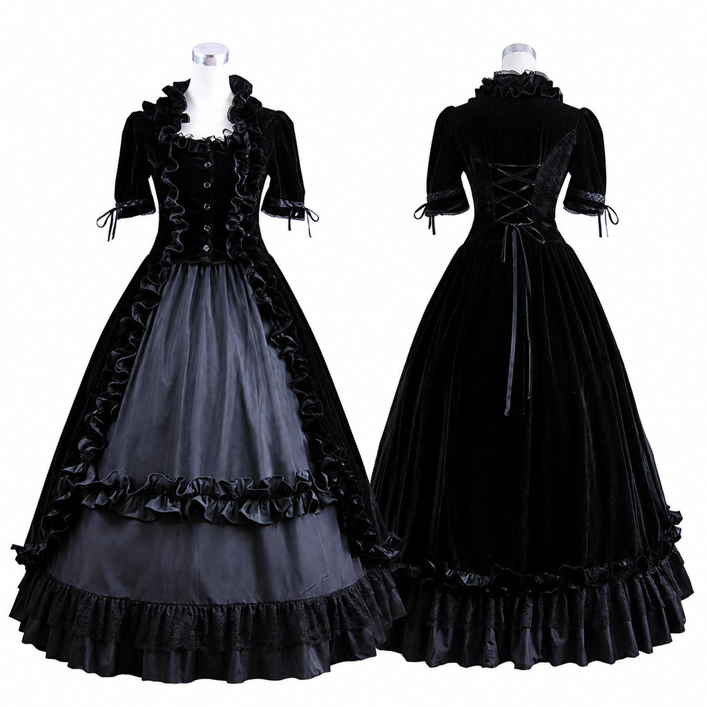 Black Gothic Maid Dress with Ruffled Apron Panel CK1384