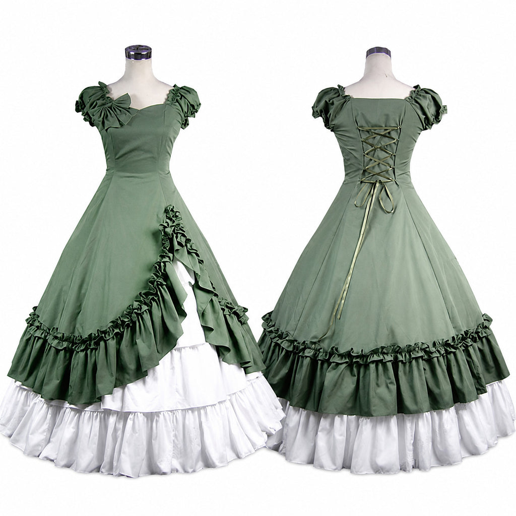 Green Victorian Ruffled Lace-Up Dress CK1386