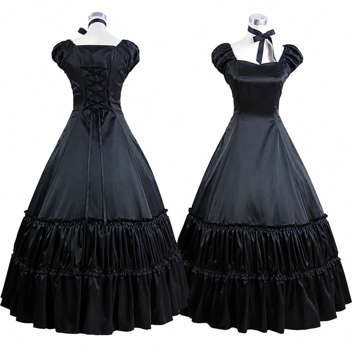 Black Gothic Victorian Lace-Up Ruffle Dress CK1402