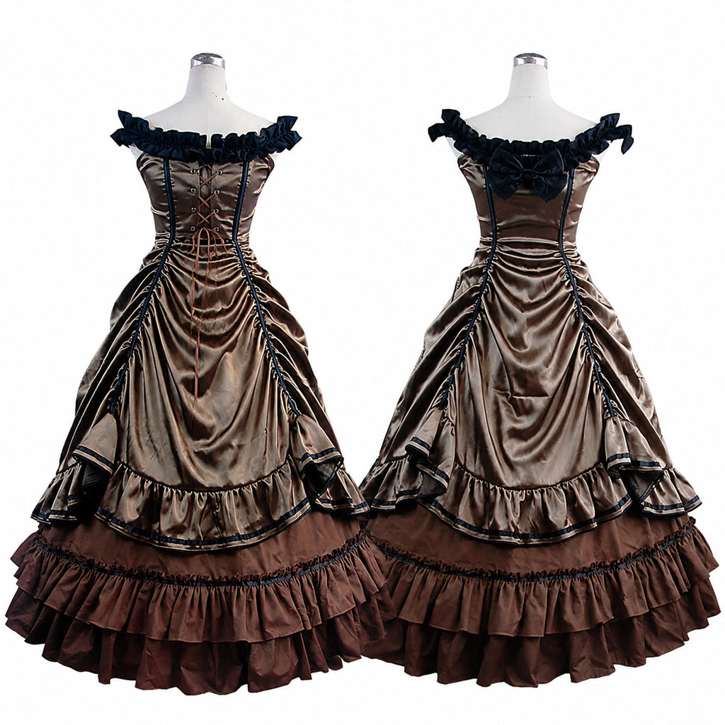 Victorian-Inspired Brown Off-Shoulder Ruffle Ball Gown CK1420