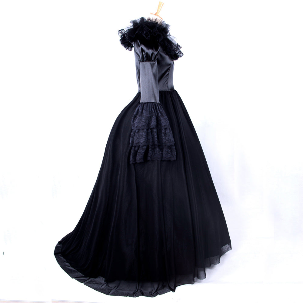 Black gothic Victorian satin sissy maid dress with lace collar and puff sleeves custom made ck420-2