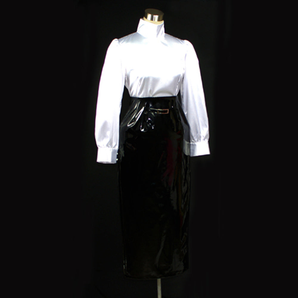 weißes Satin-Top mit schwarzem, dünnem PVC-Rock-Set G045