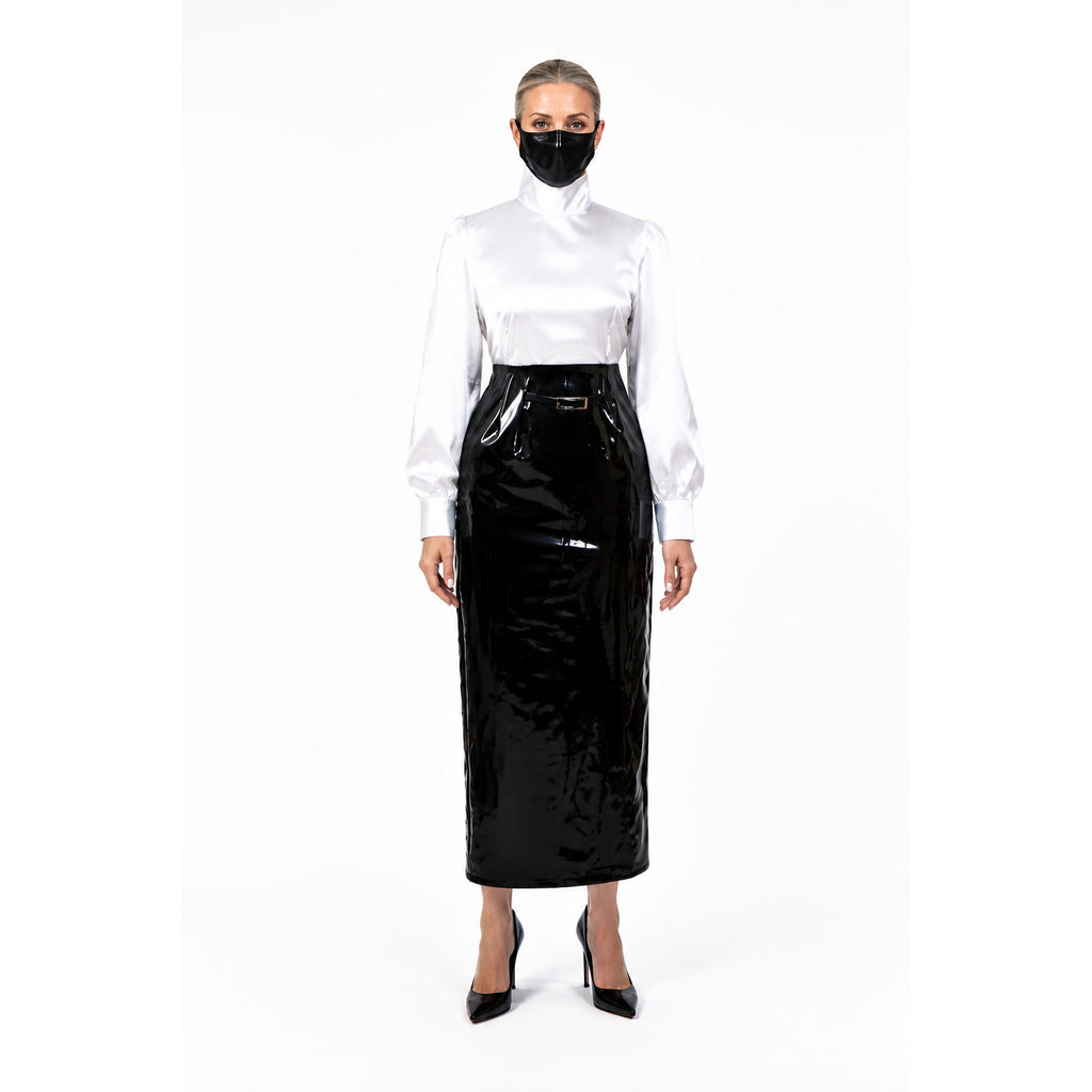 weißes Satin-Top mit schwarzem, dünnem PVC-Rock-Set G045