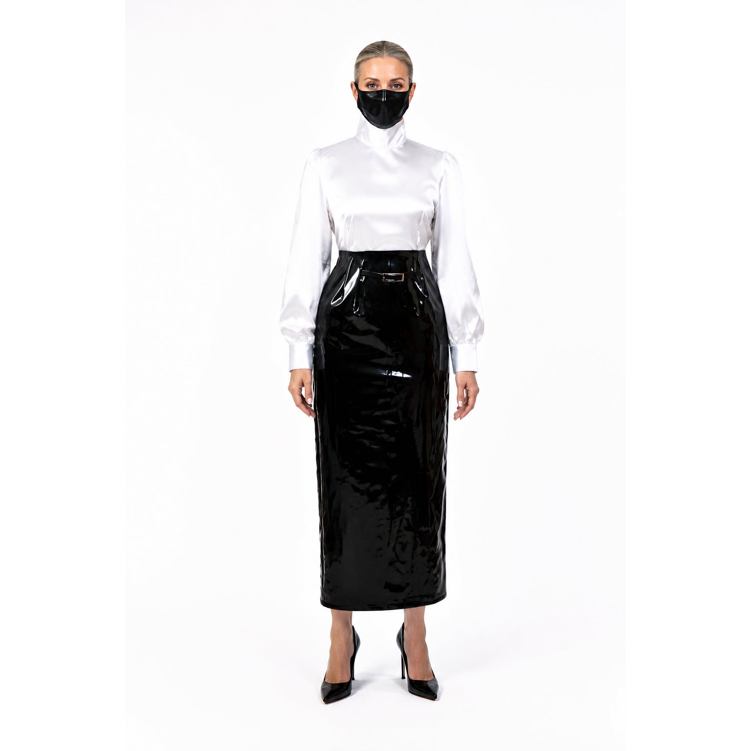 weißes Satin-Top mit schwarzem, dünnem PVC-Rock-Set G045