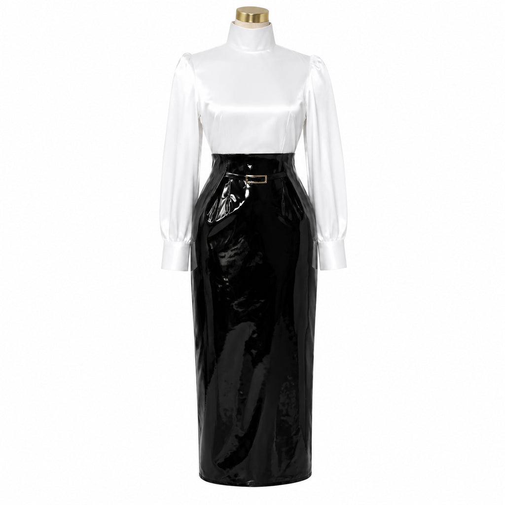 white satin blouse black thin pvc skirt set G045