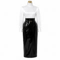 white satin blouse black thin pvc skirt set G045