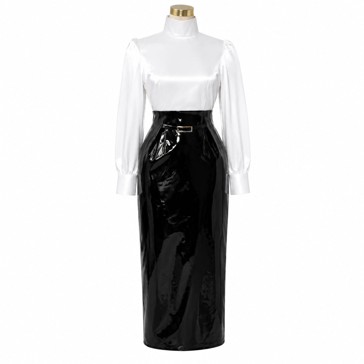 white satin blouse black thin pvc skirt set G045