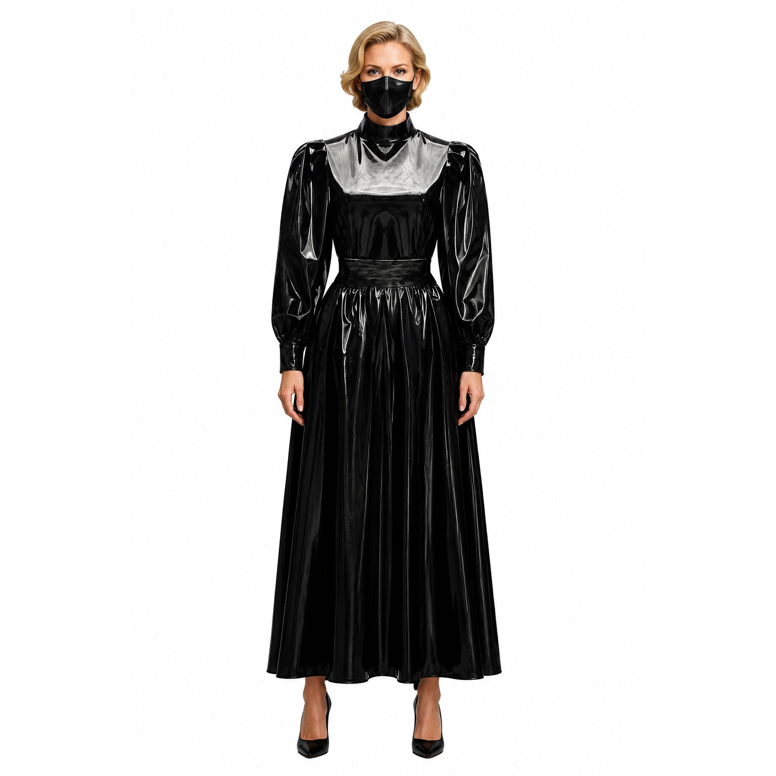 schwarzes, dünnes PVC-Blusenrock-Set G054