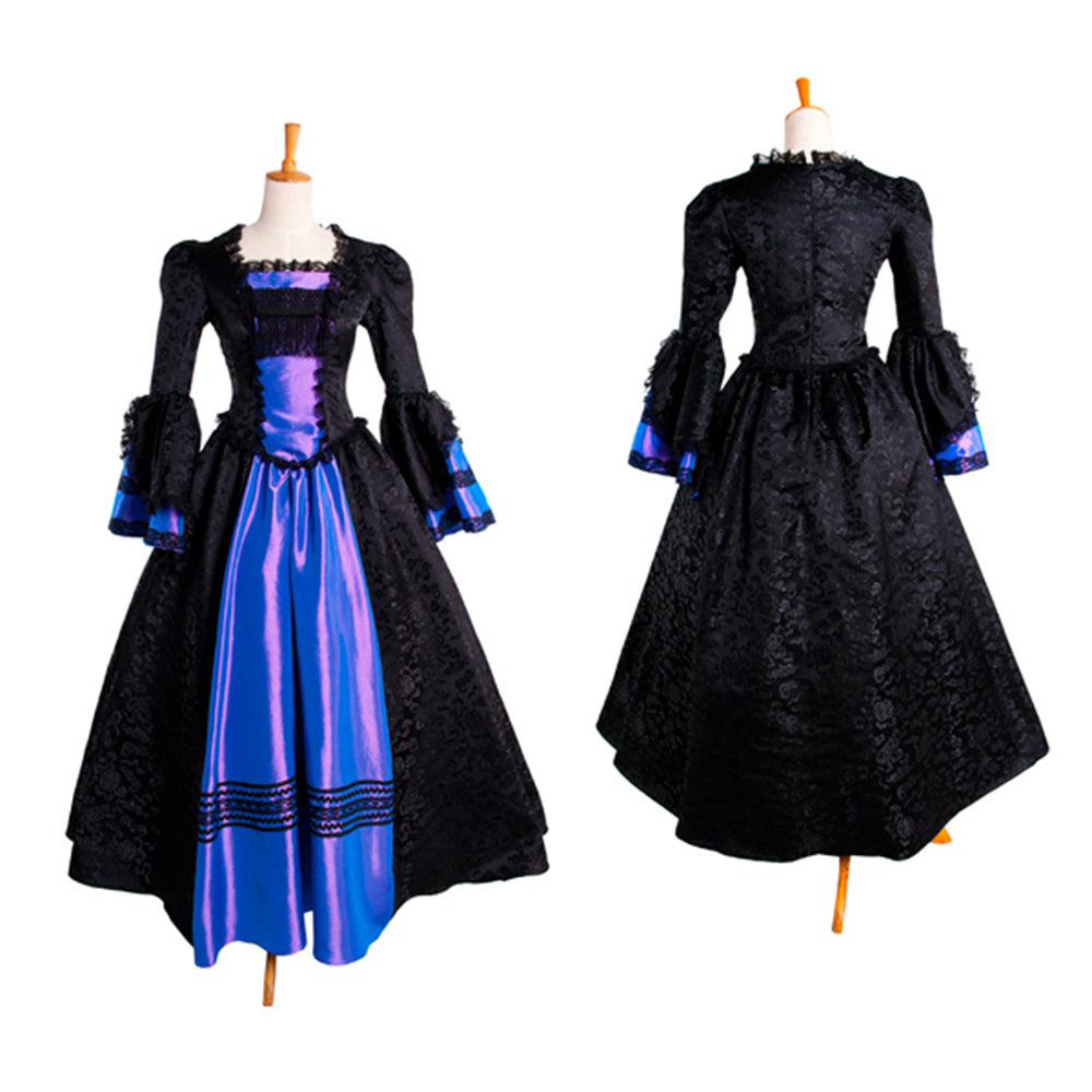 Black and Blue Gothic Victorian Bell-Sleeve Dress G1024