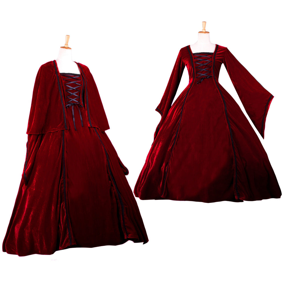 Gothic Red Velvet Lace-Up Bell Sleeve Dress G1053