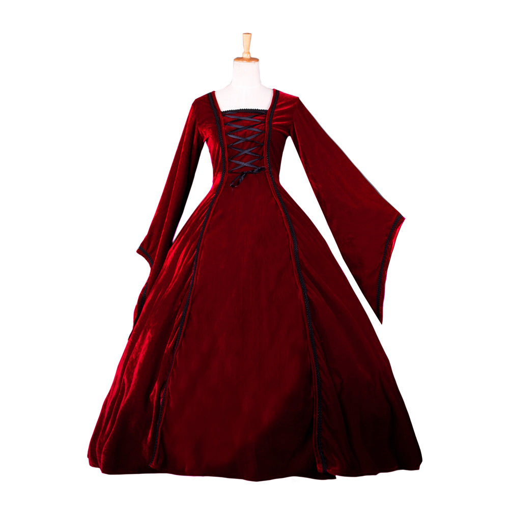 Gothic Red Velvet Lace-Up Bell Sleeve Dress G1053