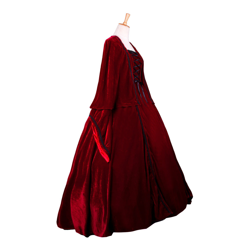 Gothic Red Velvet Lace-Up Bell Sleeve Dress G1053