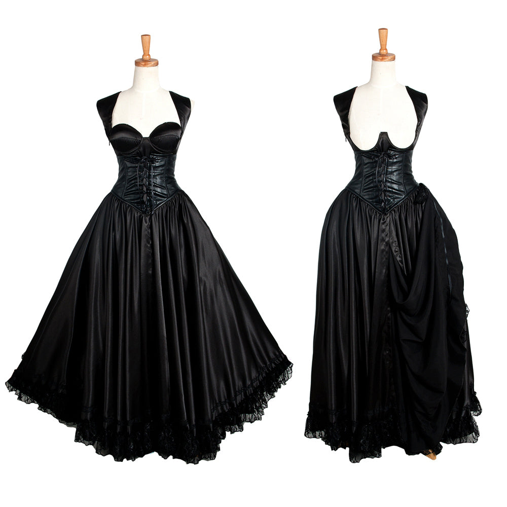 Black Gothic Lace Trim Corset Maxi Dress G1285