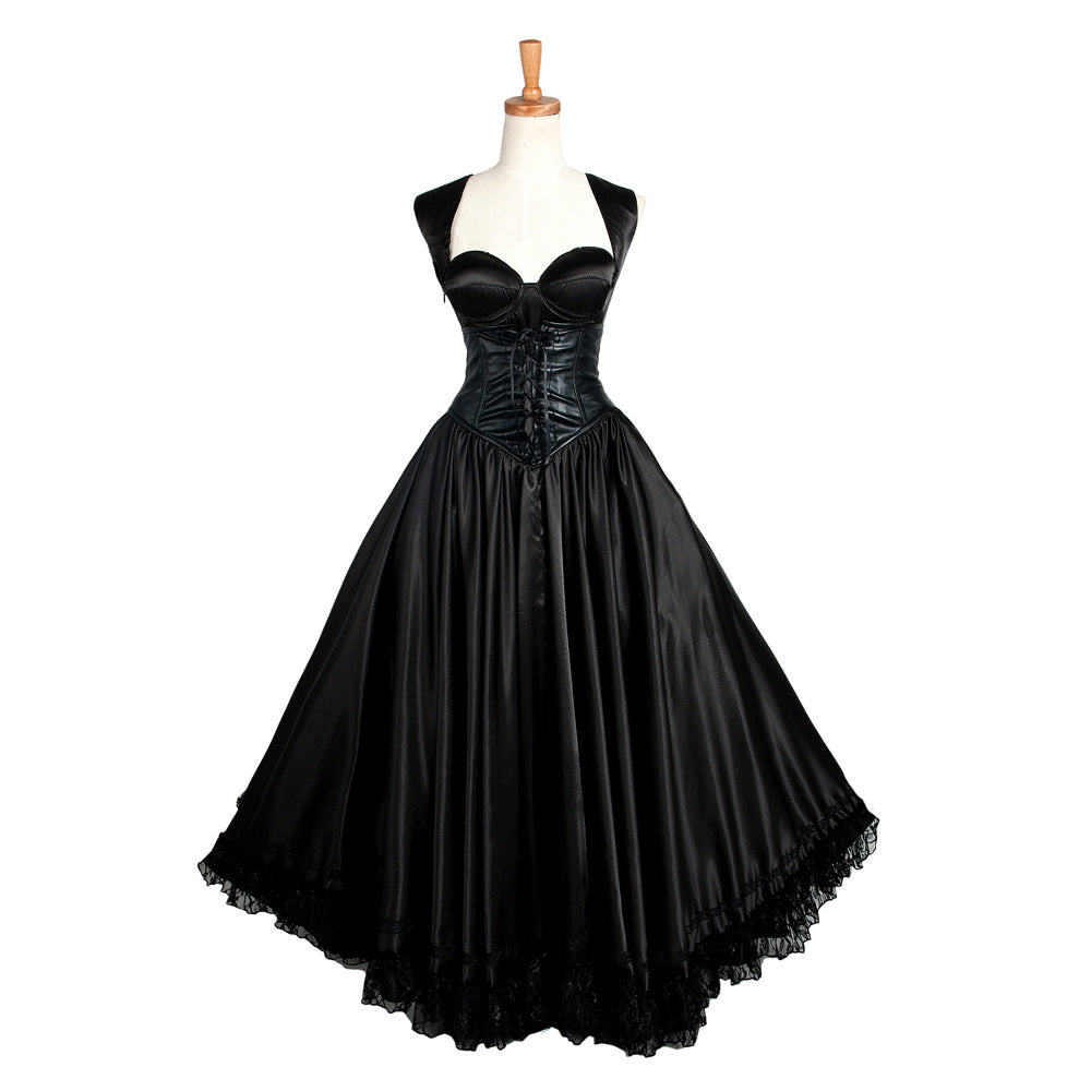 Black Gothic Lace Trim Corset Maxi Dress G1285
