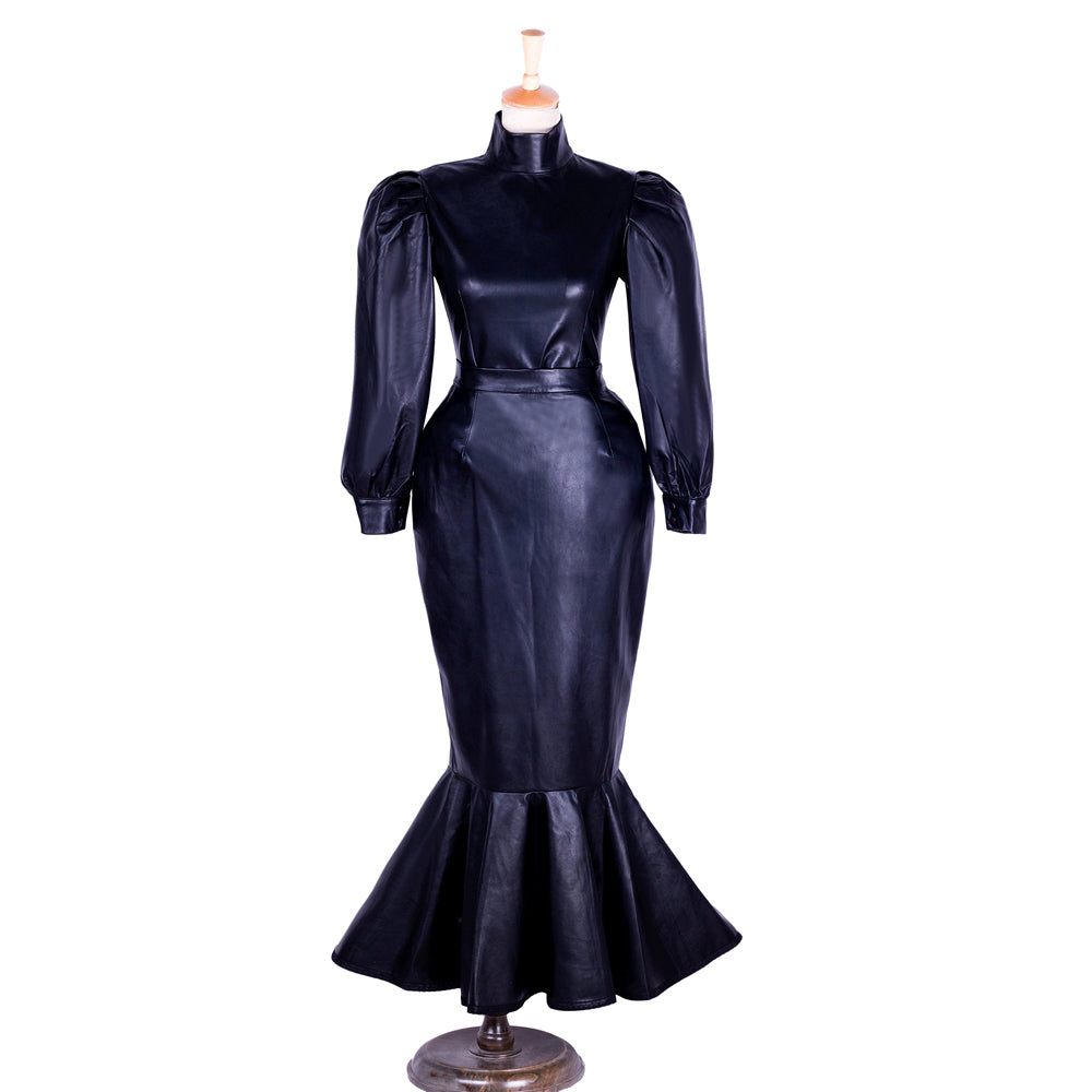 black leather blouse skirt set G1365