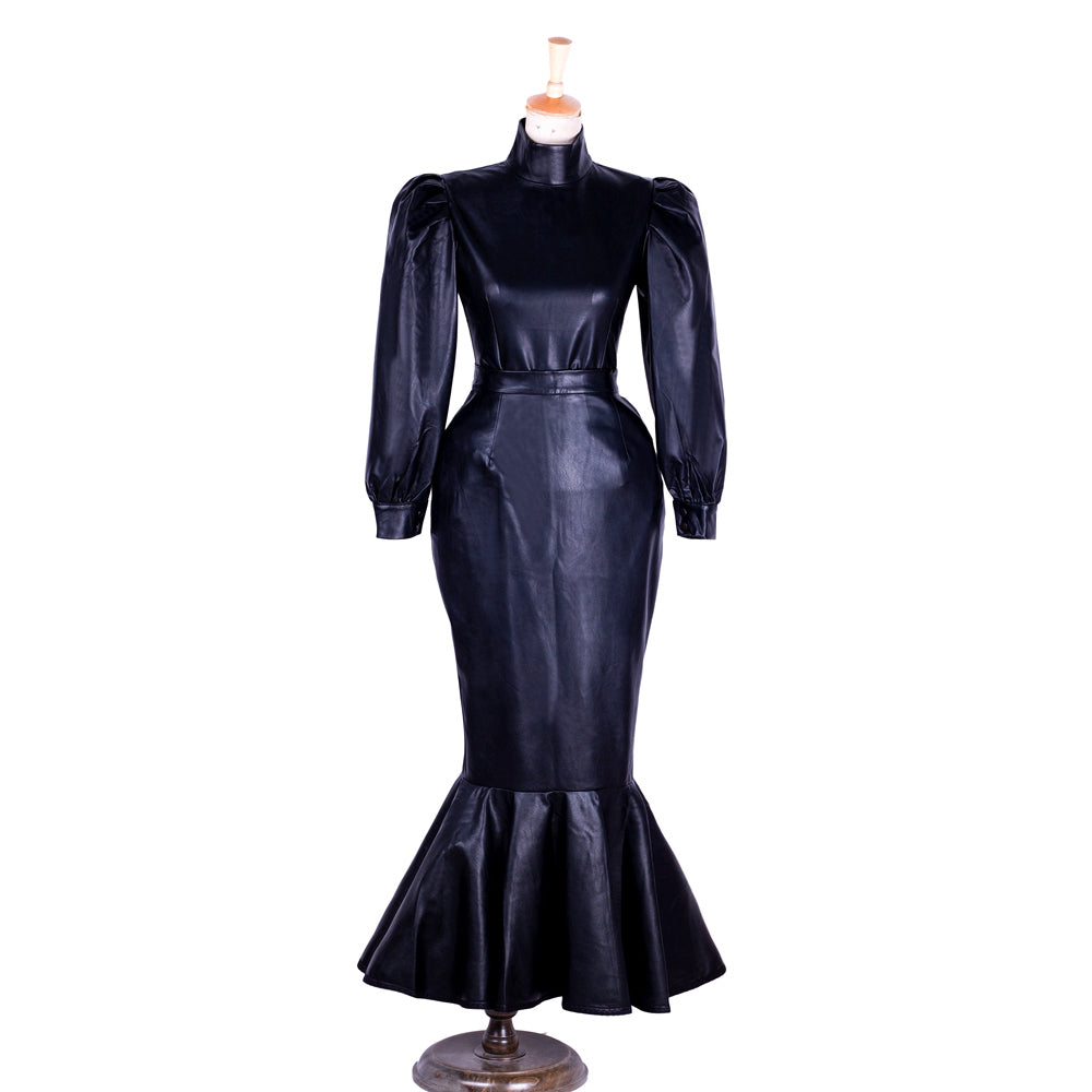black leather blouse skirt set G1365