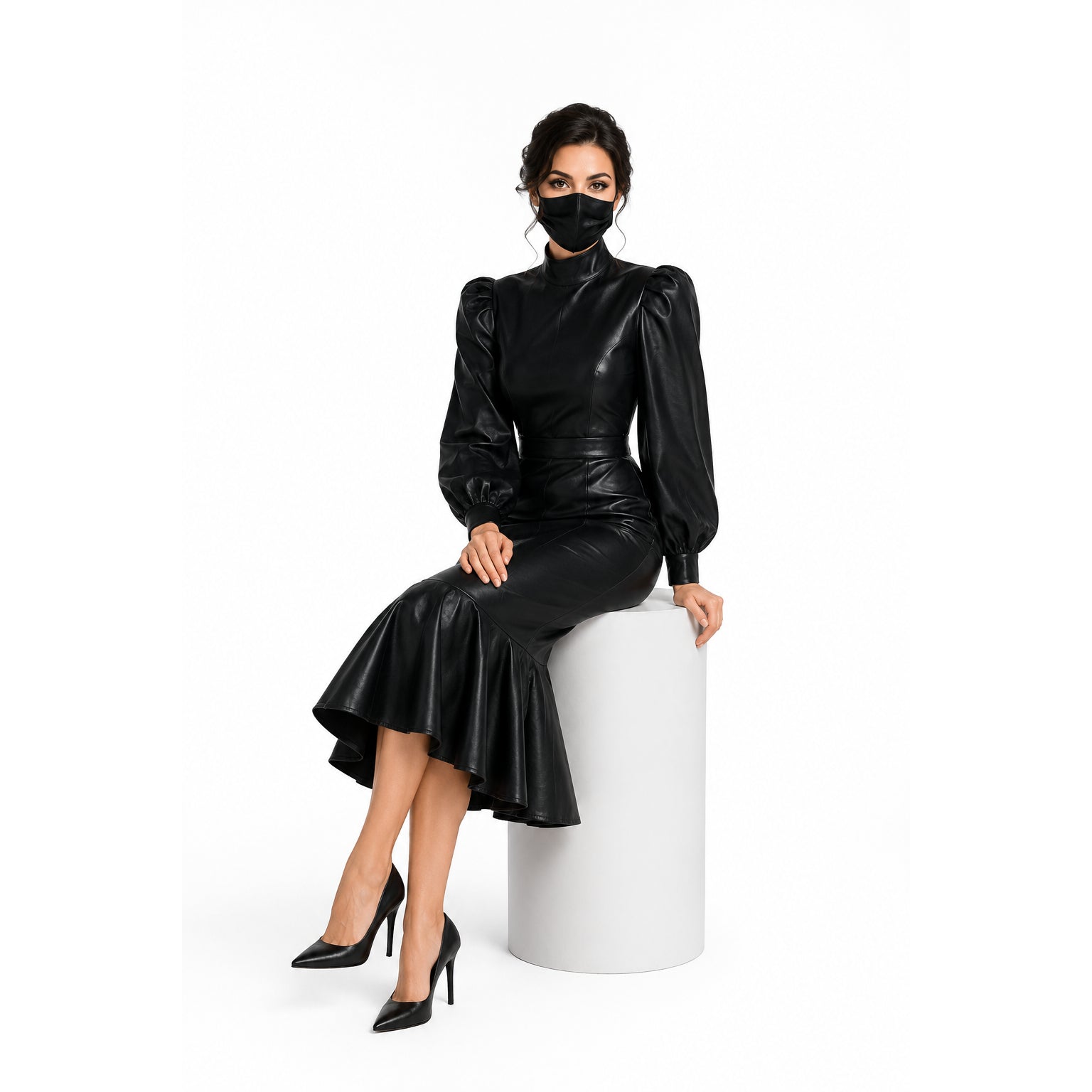 black leather blouse skirt set G1365