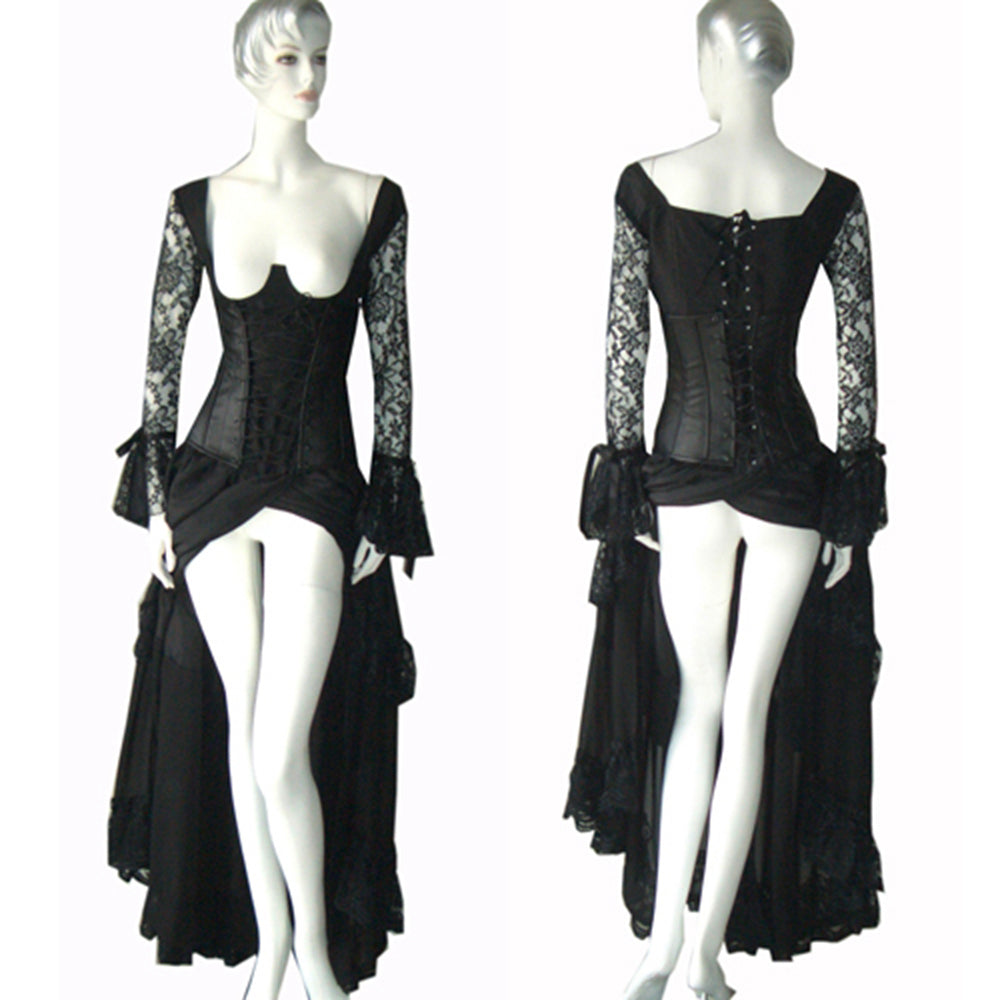Black Gothic Corset Lace-Sleeve Victorian Dress G147