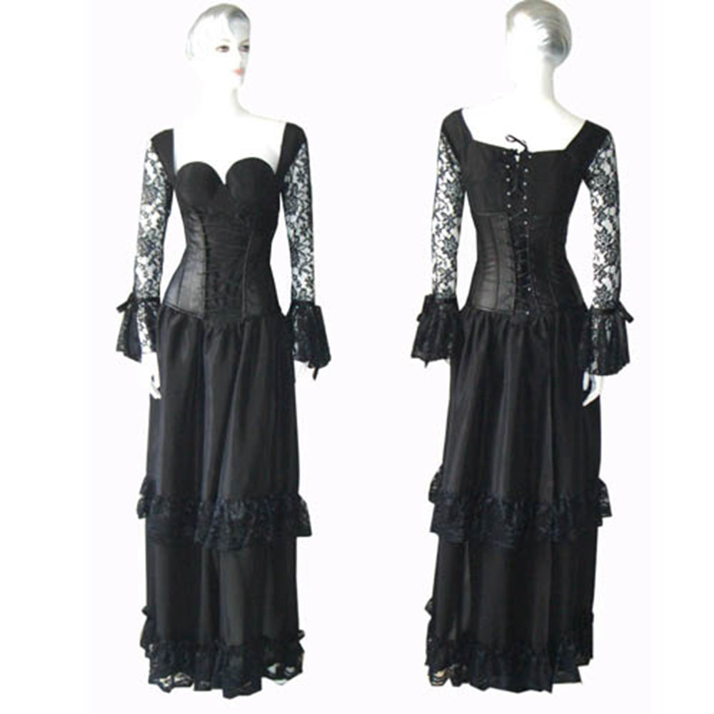 Black Gothic Corset Lace-Sleeve Victorian Dress G147