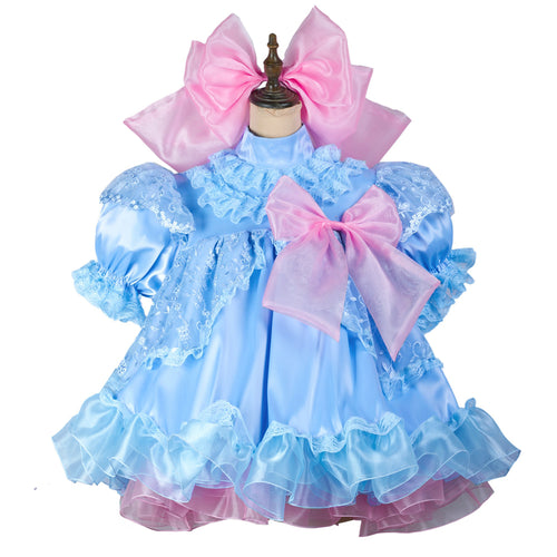 Robe bébé bleu satin organza G2430