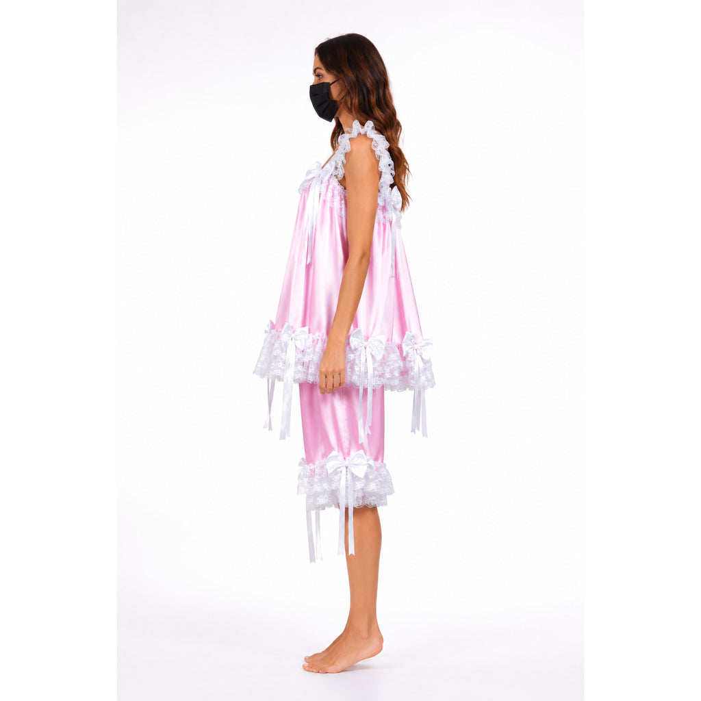 pink satin blouse pants set G3725