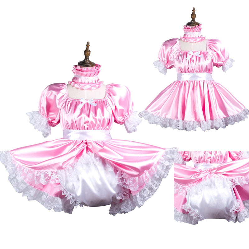 Pink satin sissy maid dress with lace trim, puff sleeves, and white bow detail on mannequin