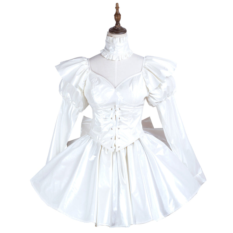White sissy maid dress with puffed sleeves, corset bodice, and ruffled collar on mannequin