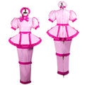 Pink PVC sissy maid dress set with ruffles, bow, and lockable design, front and back view