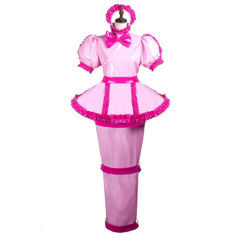 Pink sissy maid dress with ruffles, bow, and matching headpiece on mannequin
