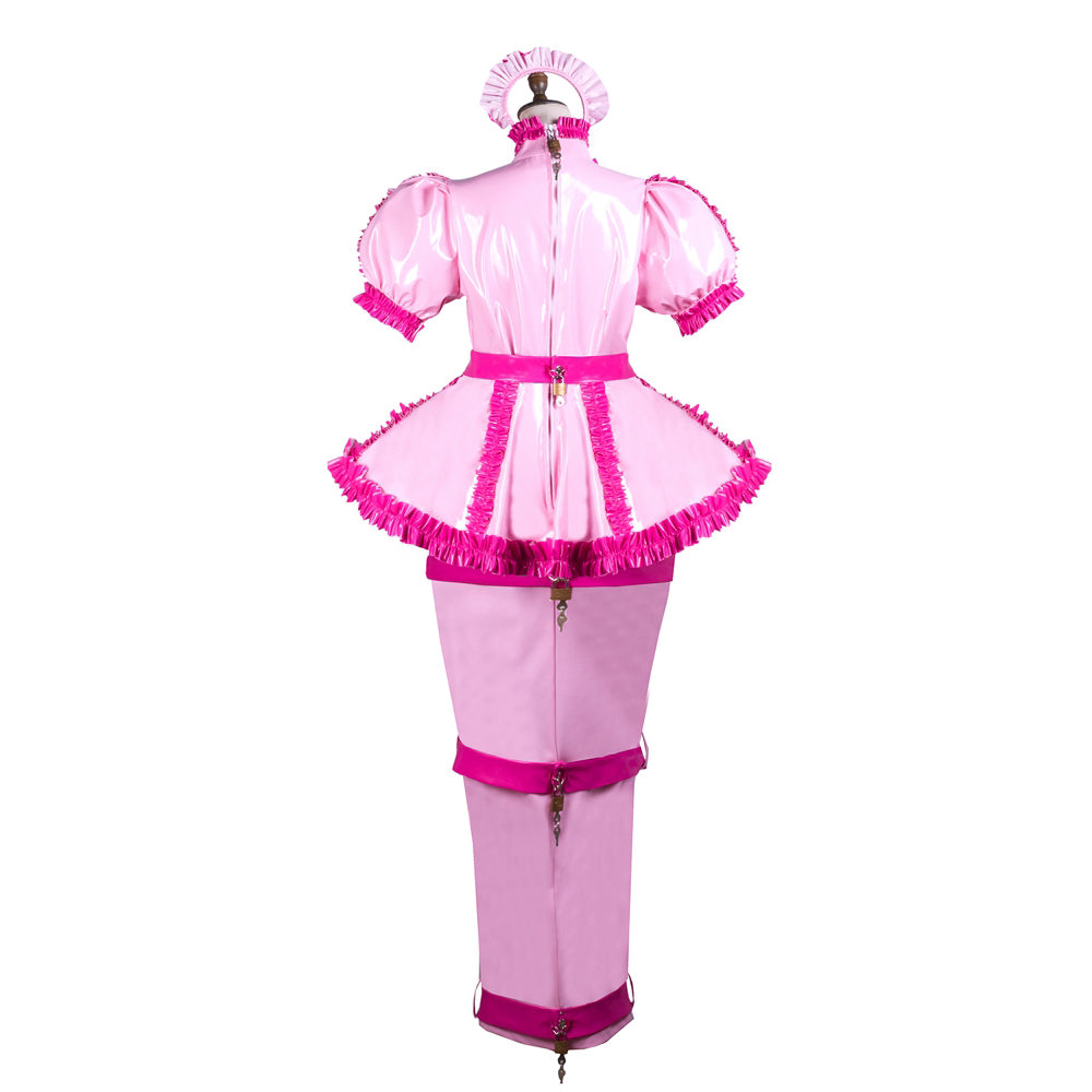 Pink sissy maid dress with frills, lockable design, and matching hat on mannequin