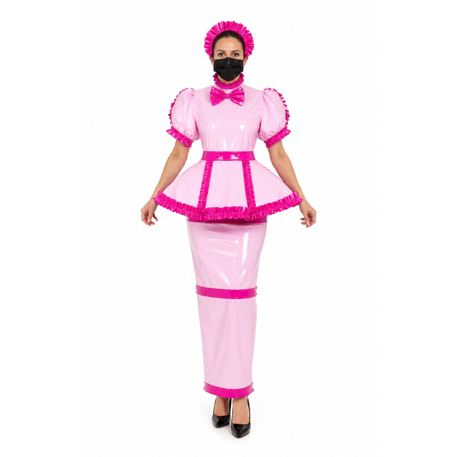 Pink PVC sissy maid dress with ruffles, bow, and matching hat, styled for boutique fashion