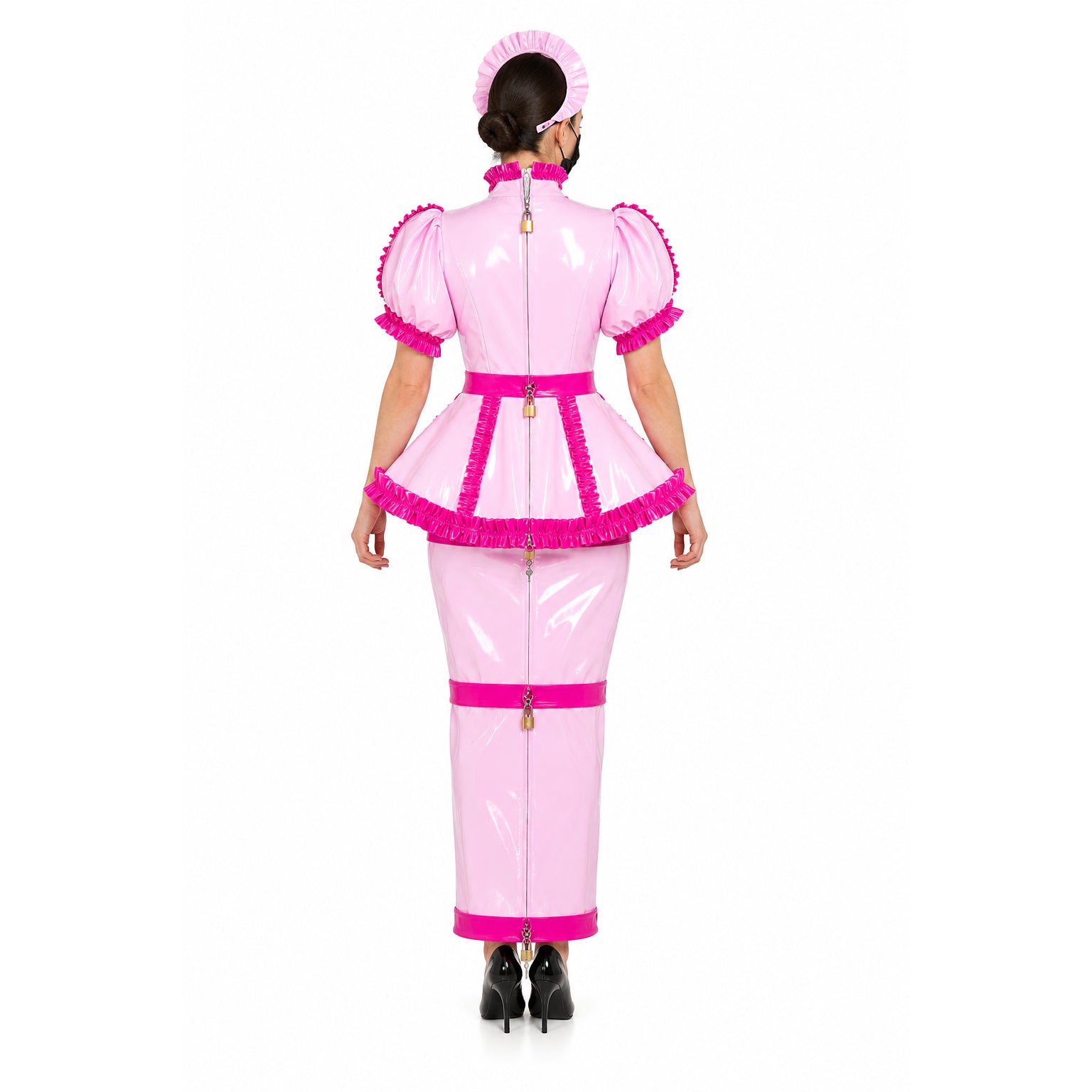 Pink PVC sissy maid dress with ruffles, back zipper, and lockable design, paired with matching hat and heels