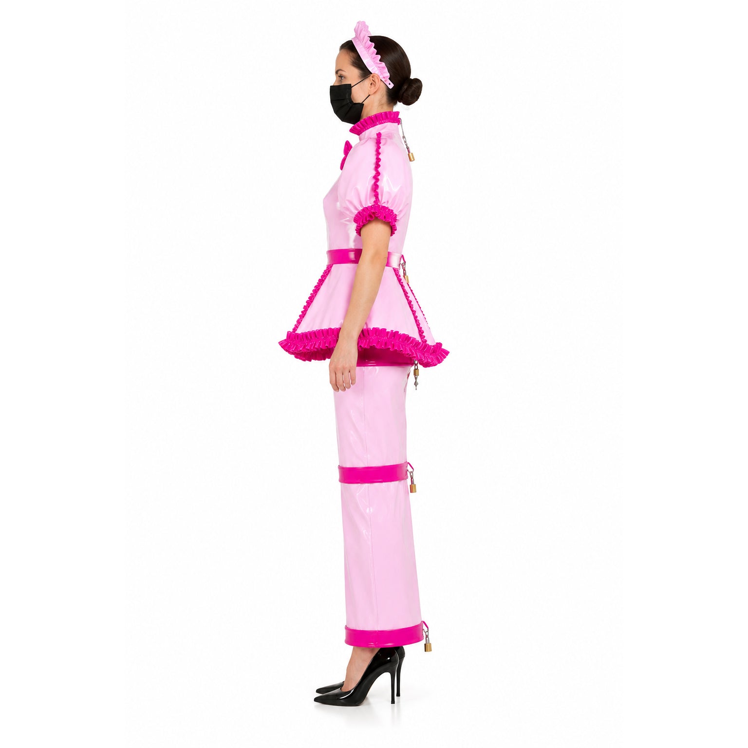 Pink sissy maid dress with ruffles, lockable PVC design, and matching headband