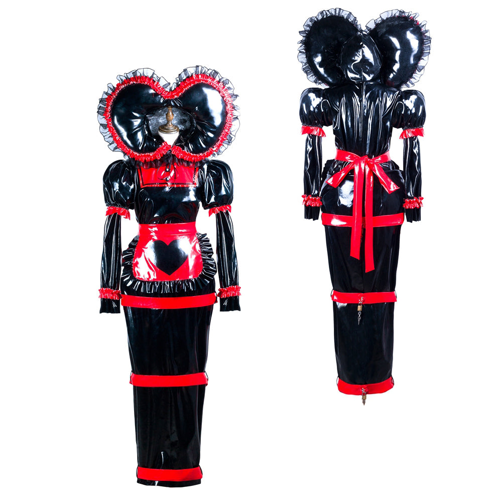 Black PVC sissy maid dress with red trim, heart accents, and lockable design, shown front and back.