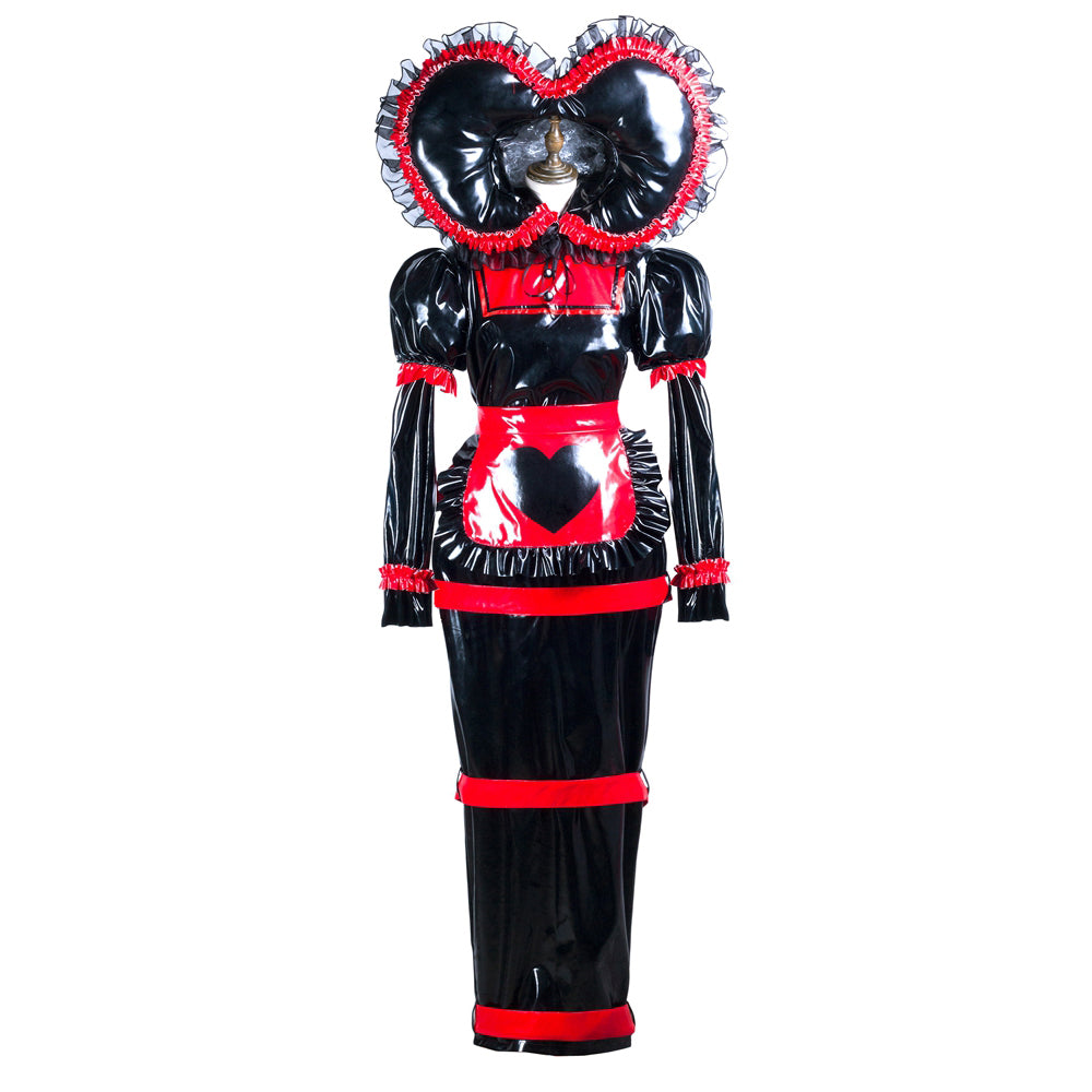 Black and red PVC sissy maid dress with heart-shaped collar and apron, featuring ruffles and bold accents