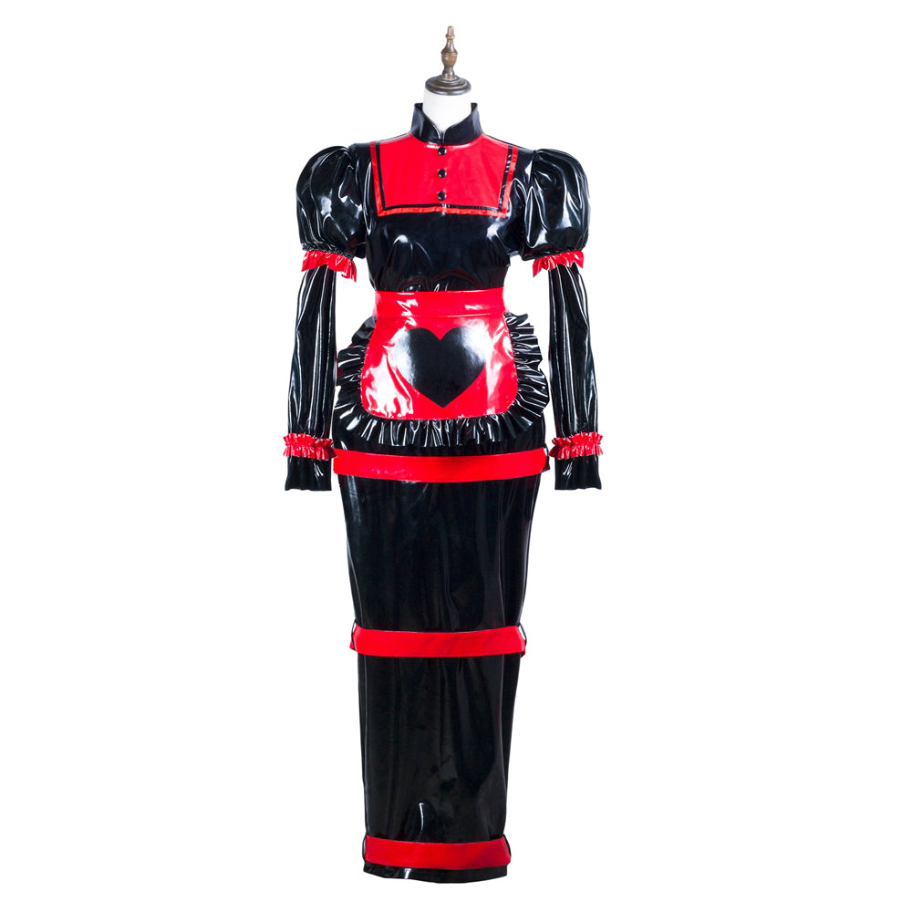 Black and red sissy maid dress with heart apron, puffed sleeves, and ruffles on mannequin