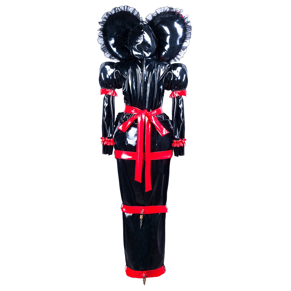 Black PVC sissy maid dress with red accents, ruffles, and lockable design