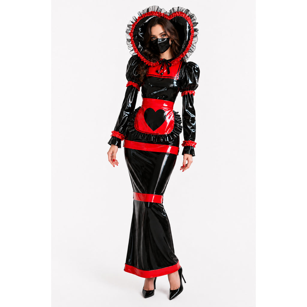 Black and red PVC sissy maid dress with heart hood, ruffles, and apron, styled for bold fashion.