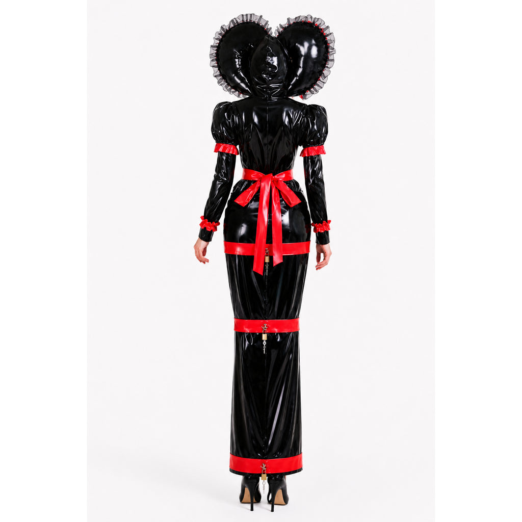 Black PVC sissy maid dress with red trim, bow, and lockable back, featuring heart-shaped hood and ruffles