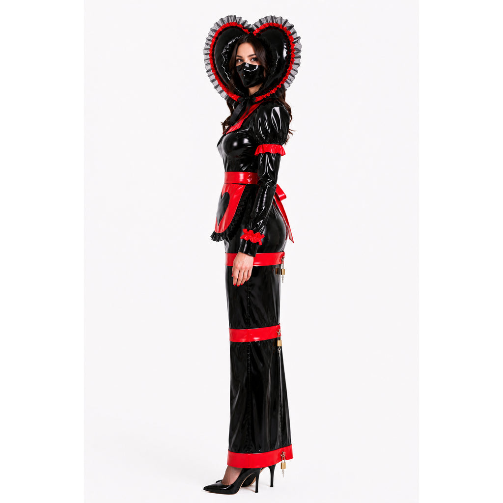 Black and red PVC sissy maid dress with heart hood, lockable straps, and elegant detailing