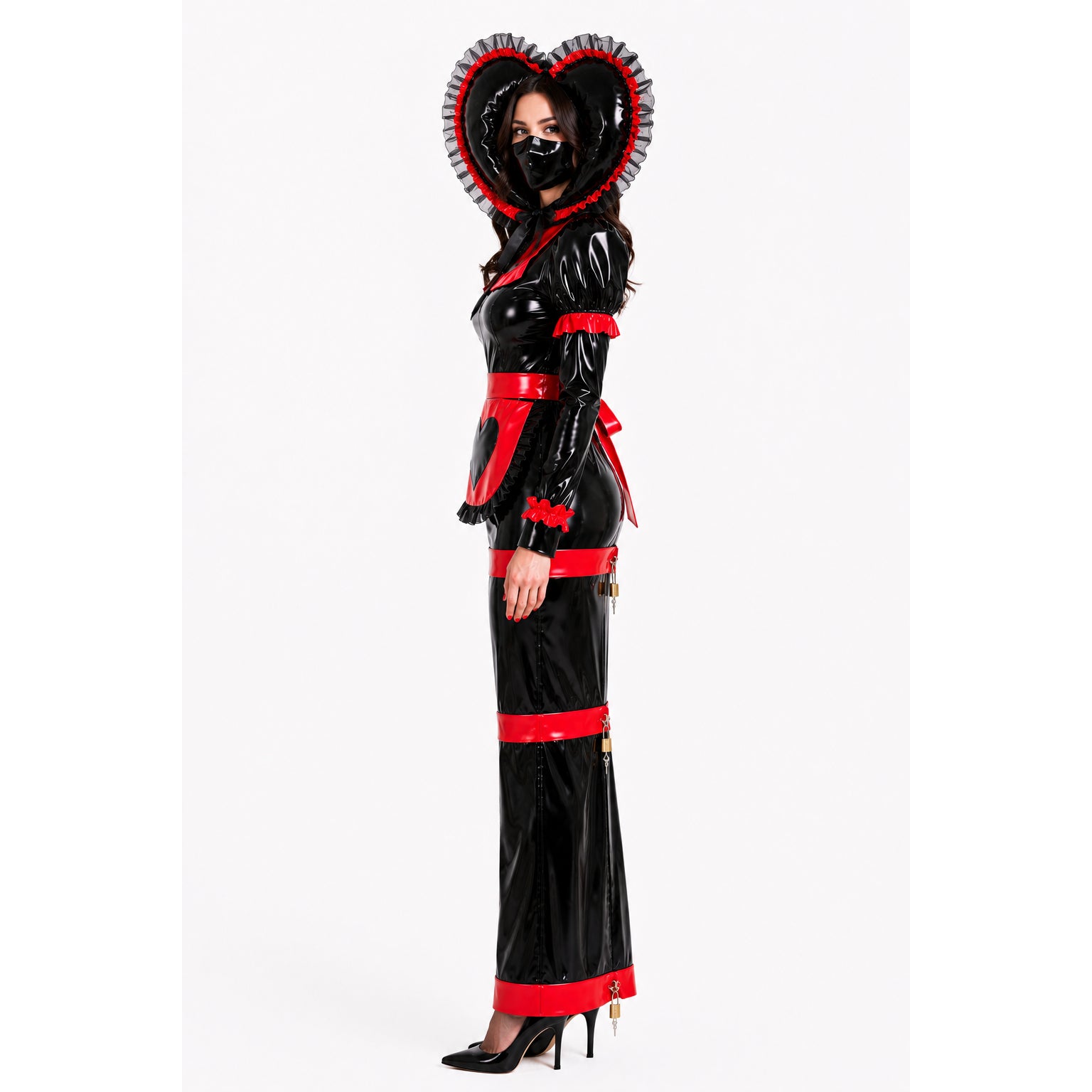 Black and red PVC sissy maid dress with heart hood, lockable straps, and elegant detailing